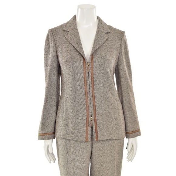 St. John Collection 3pc Leather Trimmed Pantsuit/Skirtsuit in Mocha Tweed - Picture 2 of 10